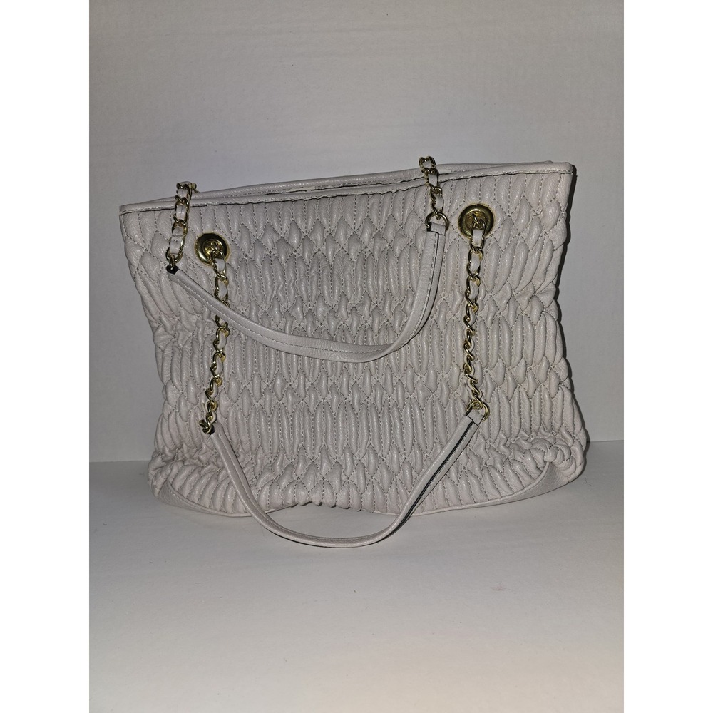 Jessica Simpson Cream Ruched Quilted Tote Bag Gold Chain Shoulder Bag Cream